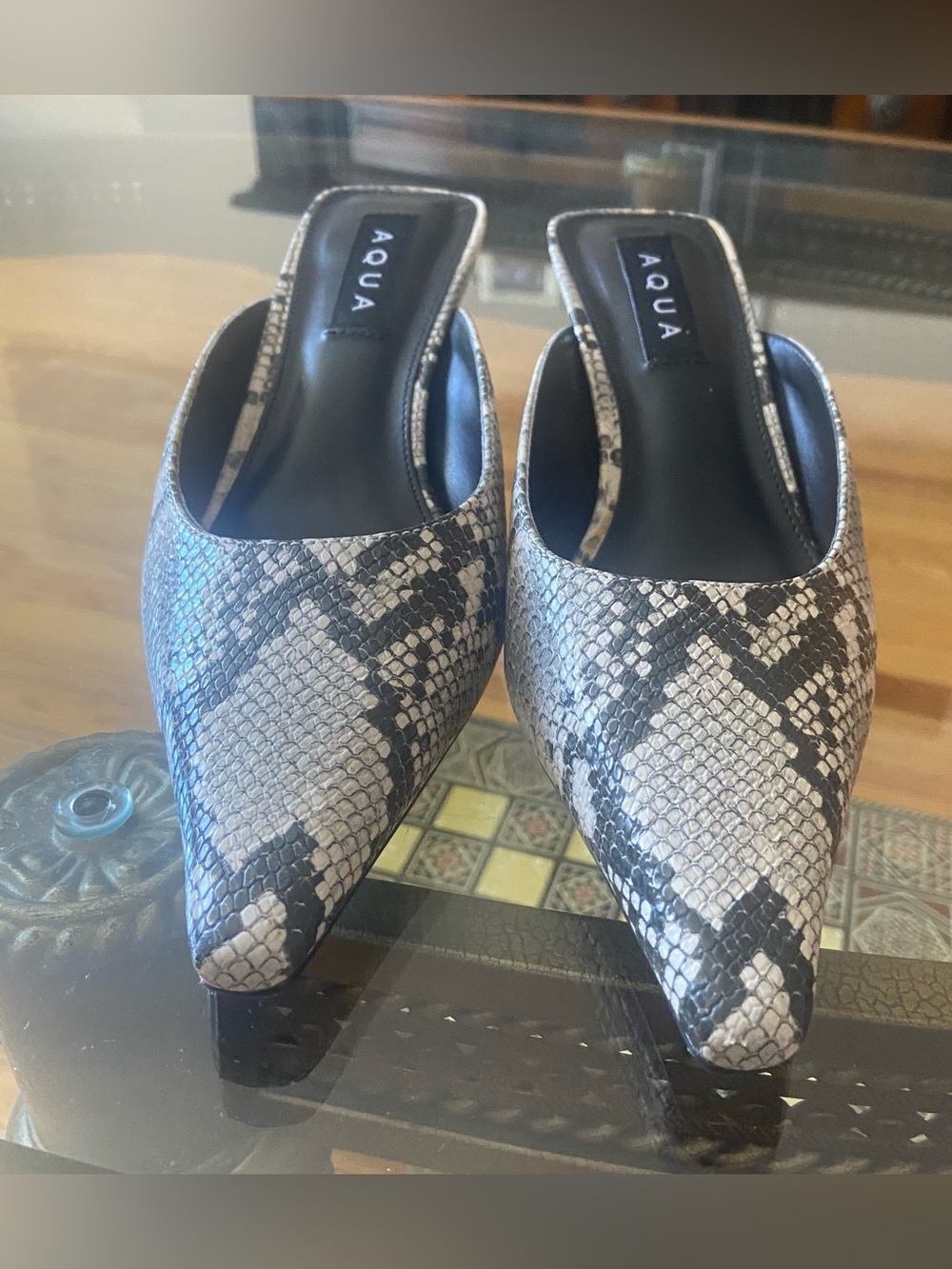 Aqua Pointed-Toe Snake-Print Mules in Black & White